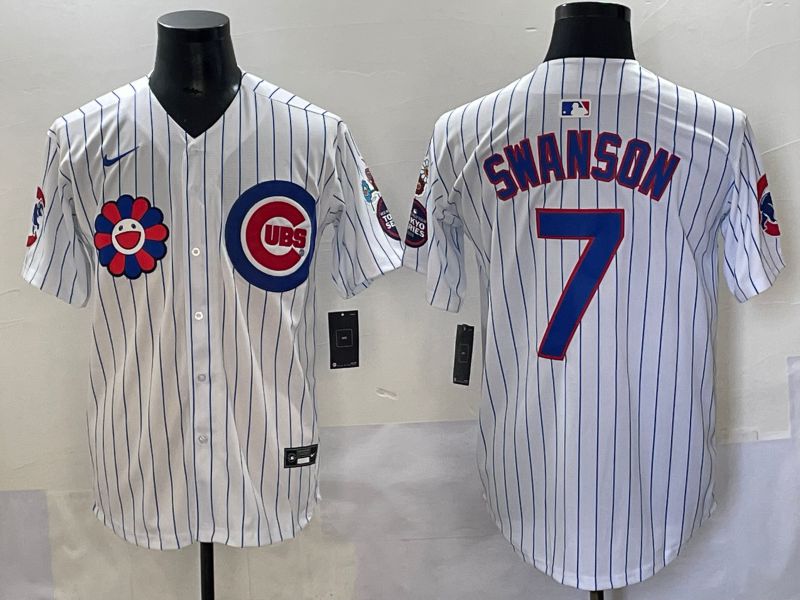 Men 2025 Chicago Cubs #7 Swanson White Stripe Flower Edition Nike MLB Jersey style 51->cincinnati reds->MLB Jersey